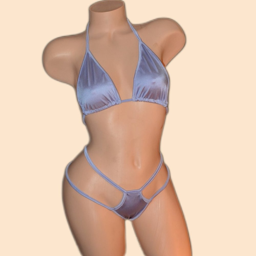 Silver Blue Lycra Triangle Top Two-Piece Double G-String Costume